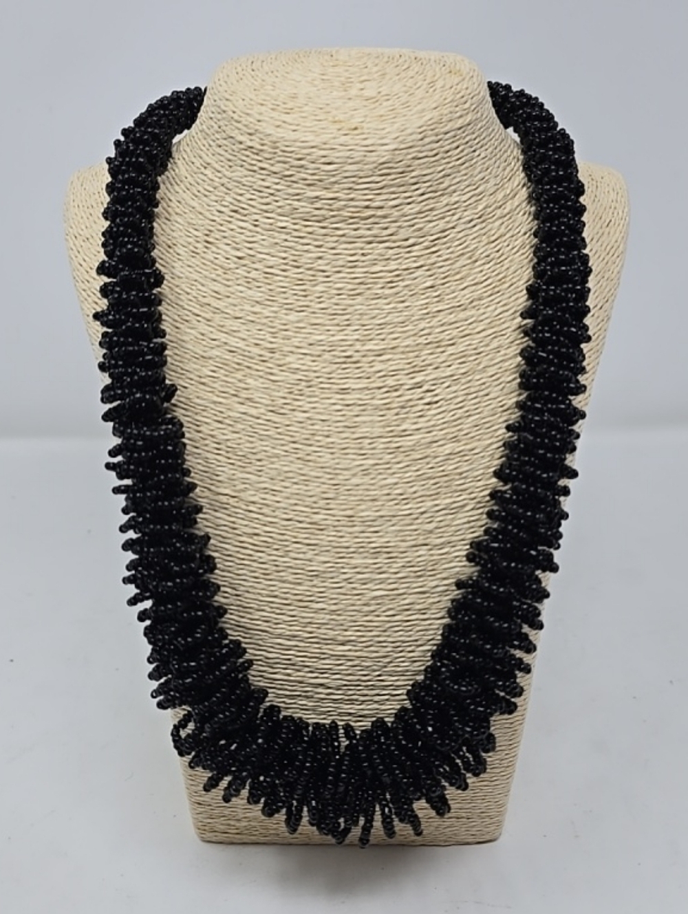 Vtg black loopy woven seed beads graduated necklace‎ artisan statement boho.